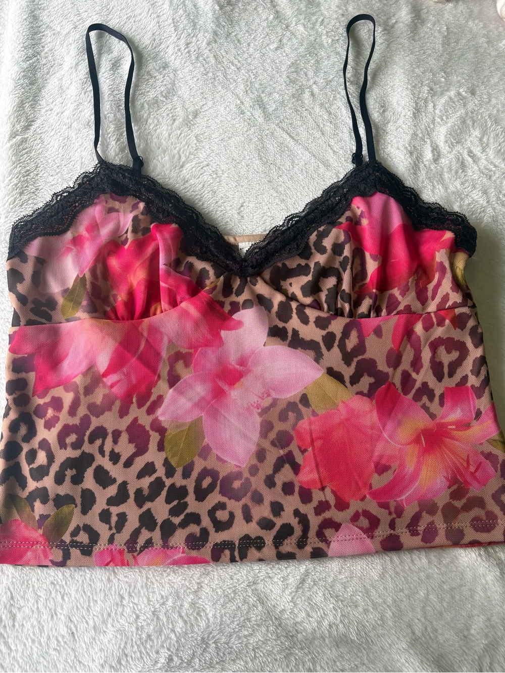 Pink Floral & Brown Leopard Lace Trim Cami
